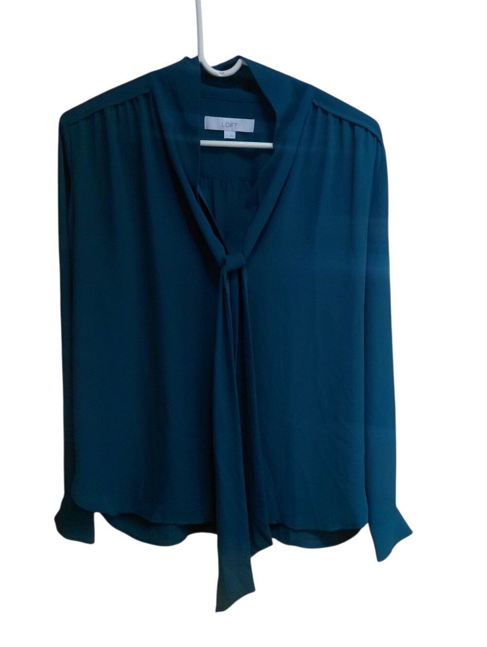 LOFT Deep Teal Tie-Neck Long Sleeve Flowy Blouse Size S